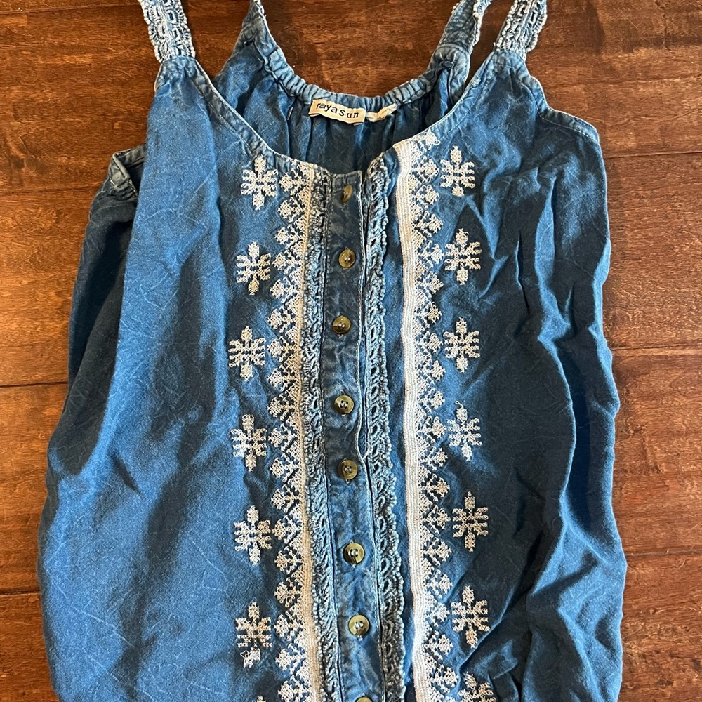 Raya Sun Western Denim Blue Embroidered Blouse